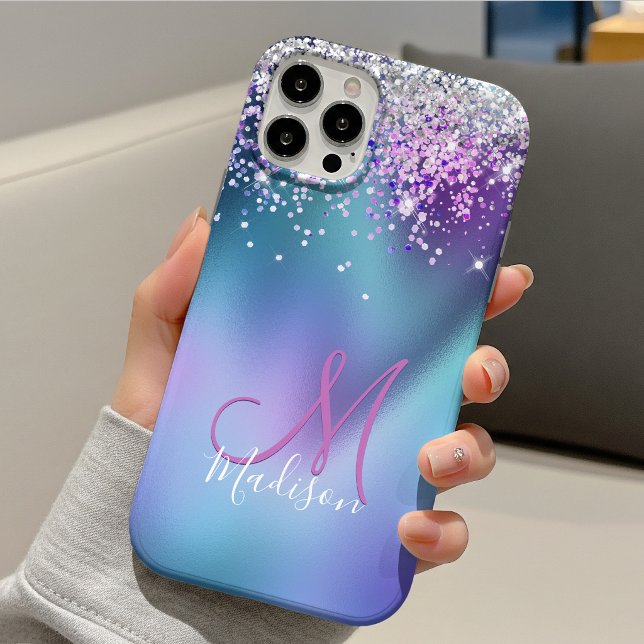 Cute turquoise purple faux glitter monogram Case-Mate iPhone case (Creator Uploaded)