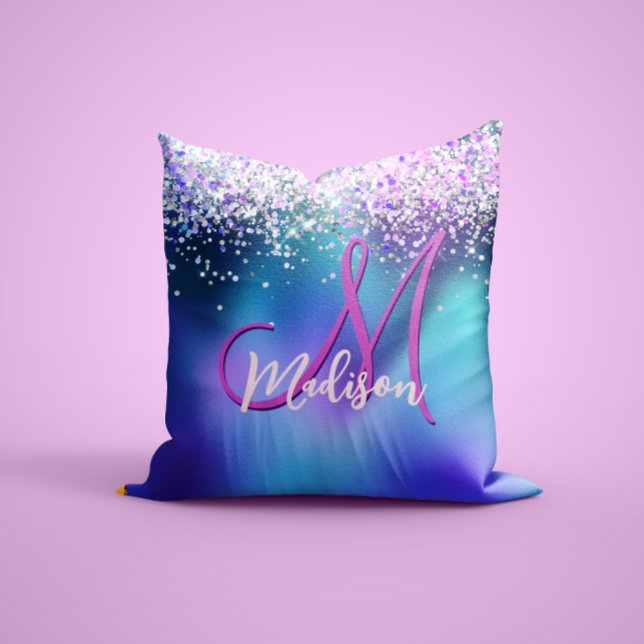 Cute turquoise purple faux glitter monogram cushion (Creator Uploaded)