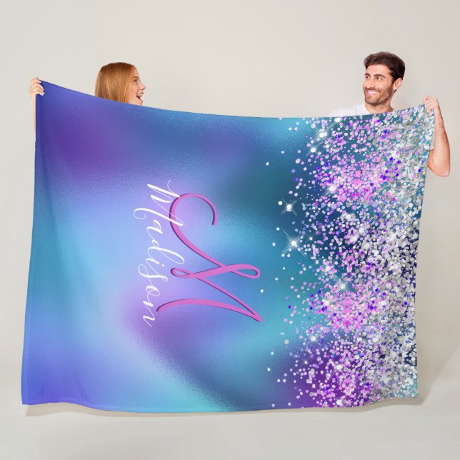 Cute turquoise purple faux glitter monogram fleece blanket (In Situ)