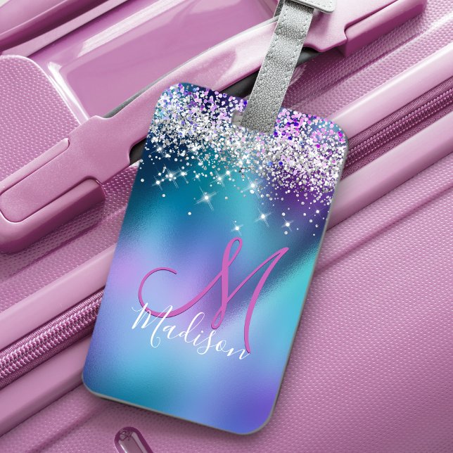 Cute turquoise purple faux glitter monogram luggage tag (Creator Uploaded)
