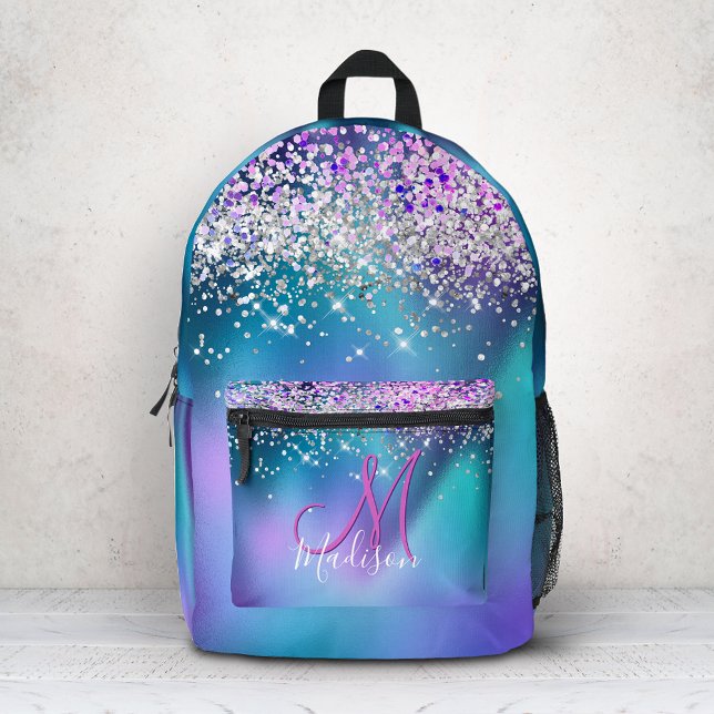 Cute turquoise purple faux glitter monogram printed backpack (Creator Uploaded)