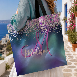 Cute turquoise purple faux glitter monogram tote bag