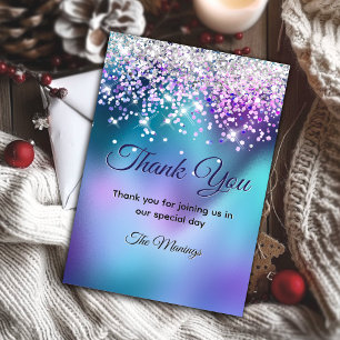 Cute turquoise purple faux glitter thank you card