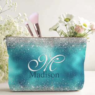 Cute turquoise silver faux glitter monogram accessory pouch