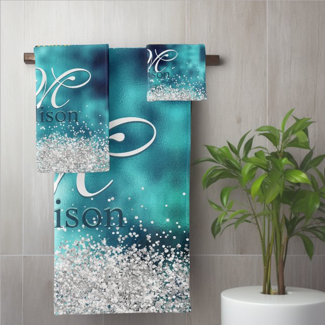 Cute turquoise silver faux glitter monogram bath towel set (Creator Uploaded)