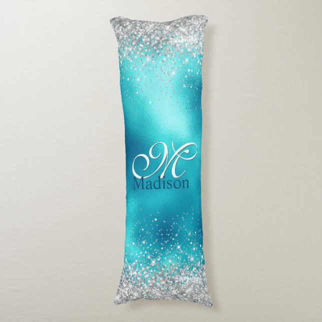 Cute turquoise silver faux glitter monogram body cushion (Front Vertical)