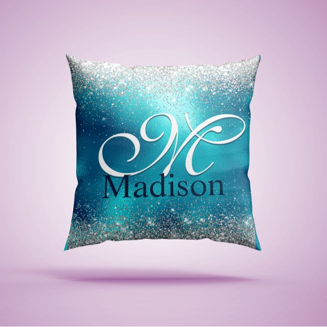 Cute turquoise silver faux glitter monogram cushion (Creator Uploaded)