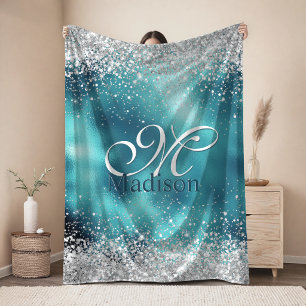 Cute turquoise silver faux glitter monogram fleece blanket