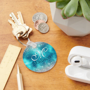 Cute turquoise silver faux glitter monogram key ring