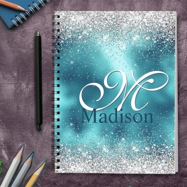 Cute turquoise silver faux glitter monogram notebook (Creator Uploaded)
