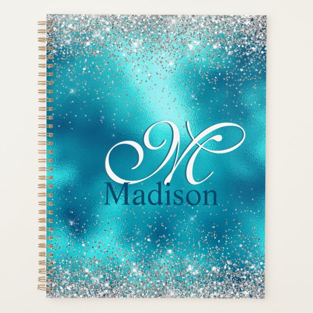 Cute turquoise silver faux glitter monogram planner (Front)