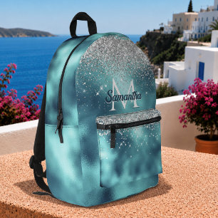 Cute turquoise silver faux glitter monogram printed backpack