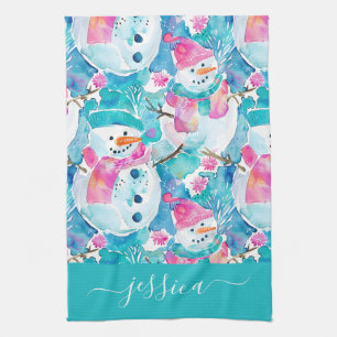 Cute turquoise snowmen script name tea towel
