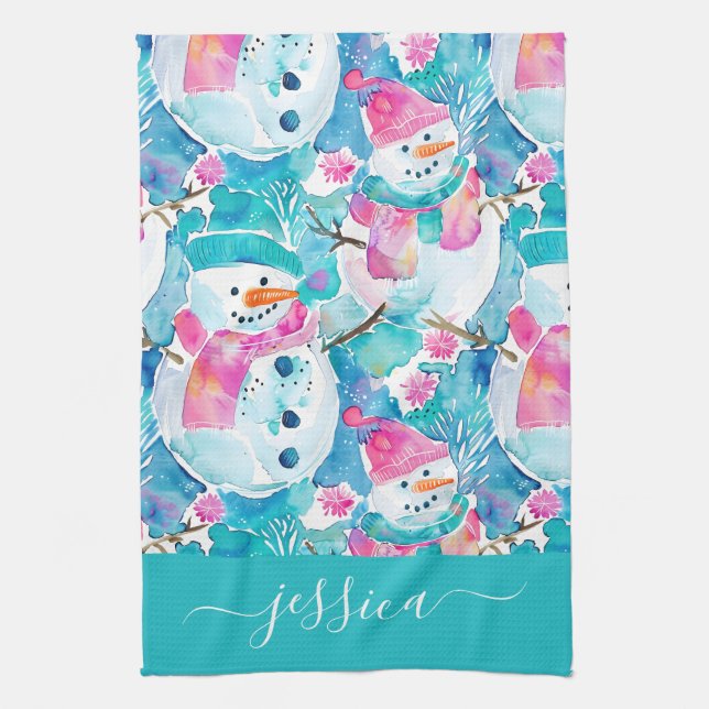Cute turquoise snowmen script name tea towel (Vertical)