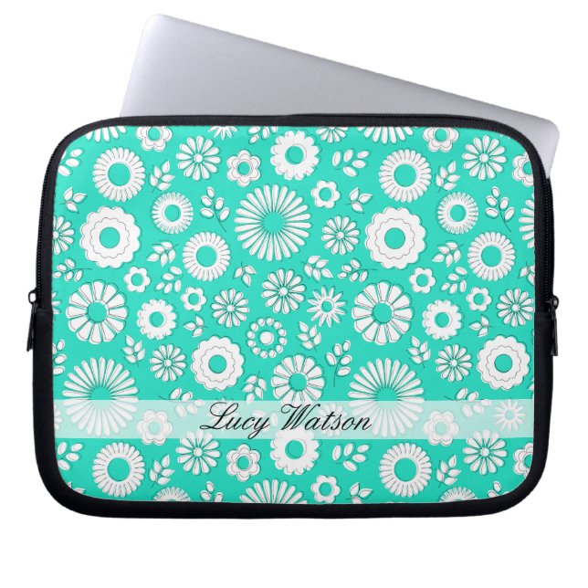 Cute turquoise summer flowers laptop sleeve (Front)