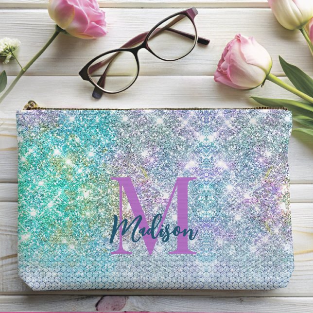 Cute Turquoise unicorn faux glitter monogram Accessory Pouch (Creator Uploaded)