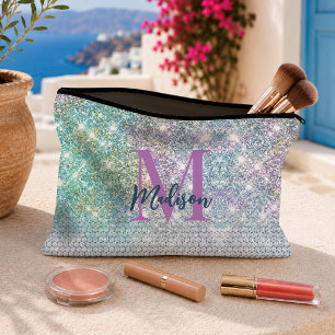 Cute Turquoise unicorn faux glitter monogram Accessory Pouch