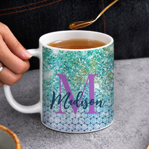 Cute Turquoise unicorn faux glitter monogram Coffee Mug