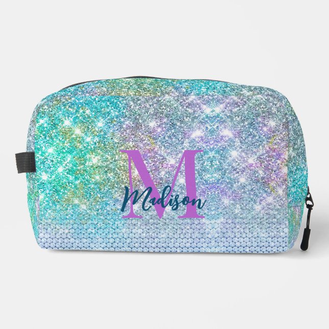 Cute Turquoise unicorn faux glitter monogram Dopp Kit (Front)