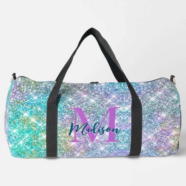 Cute Turquoise unicorn faux glitter monogram Duffle Bag (Front)