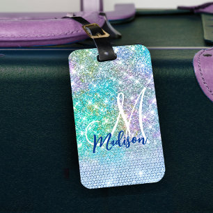 Cute Turquoise unicorn faux glitter monogram Luggage Tag