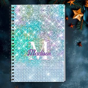Cute Turquoise unicorn faux glitter monogram Notebook