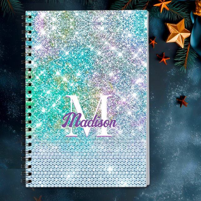 Cute Turquoise unicorn faux glitter monogram Notebook (Creator Uploaded)