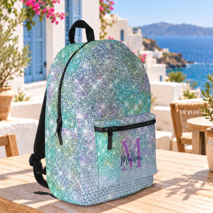 Cute Turquoise unicorn faux glitter monogram Printed Backpack