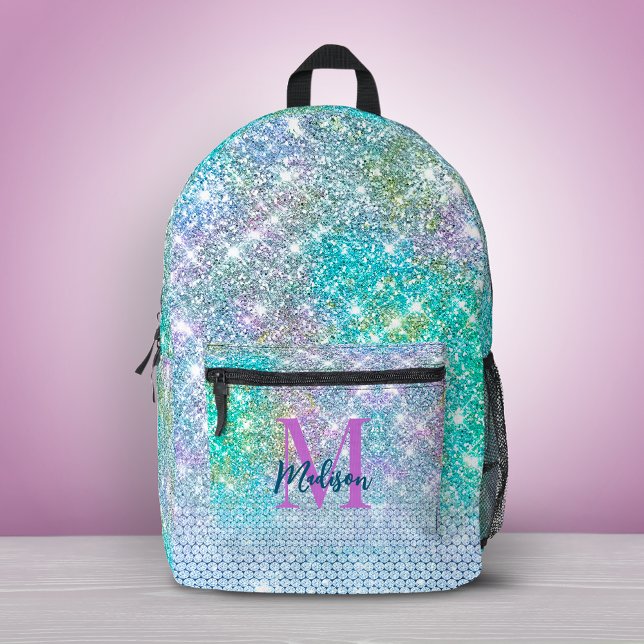 Cute Turquoise unicorn faux glitter monogram Printed Backpack (Creator Uploaded)