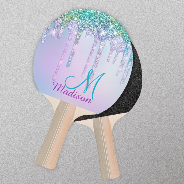 Cute Turquoise Unicorn Rainbow Glitter Drips Ping Pong Paddle (Creator Uploaded)