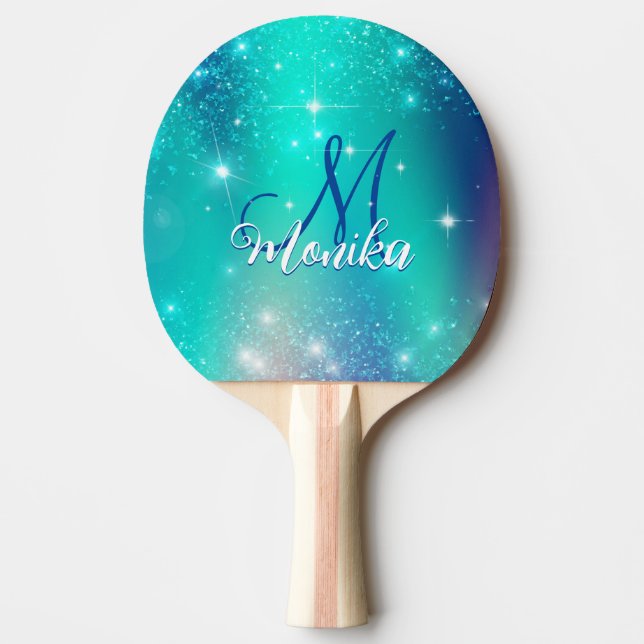 Cute Turquoise Unicorn Rainbow Glitter Ping Pong Paddle (Front)