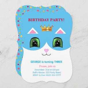Cute Turquoise & White Prince Tuxedo Cat Birthday Invitation