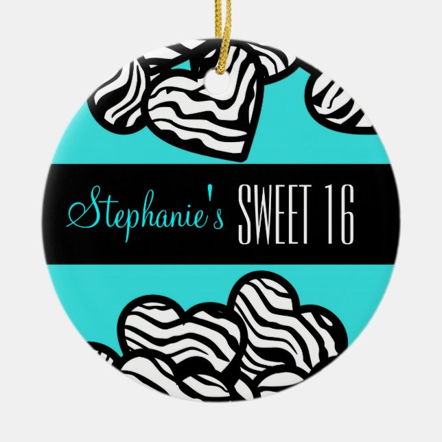 Cute Turquoise zebra heart Sweet 16 Ornament (Front)