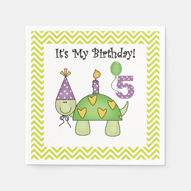 Cute Turtle 5th Birthday Paper Napkins (Front)
