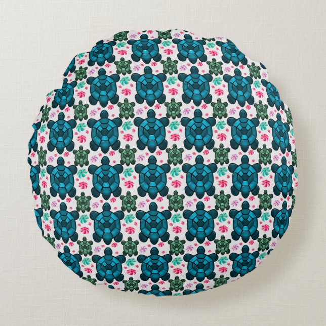 Cute Turtle and Floral Seamless Pattern  Notebook Round Cushion (Front)