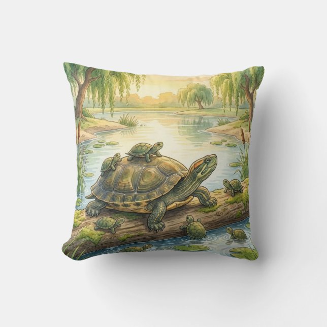 Cute Turtle And Hatchlings River and Lake Animals  Cushion (Front)