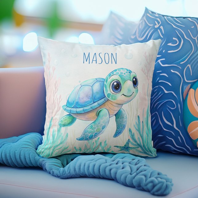 Cute turtle aqua blue personalised name baby gifts cushion (Cute turtle aqua blue personalized name baby boy gifts personalized name throw pillow nursery decor)