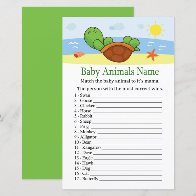 Cute Turtle Baby Animals Name Game (Front/Back)