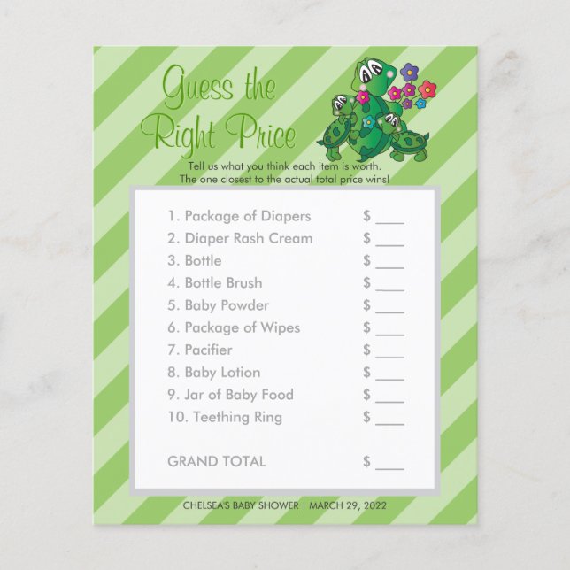 Cute Turtle Baby Shower Game - Guess Price Flyer (Front)