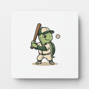 Cute Turtle Baseball Batter Vintage Vector Art_1 Plaque