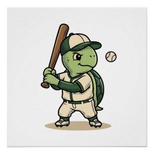 Cute Turtle Baseball Batter Vintage Vector Art_1 Poster