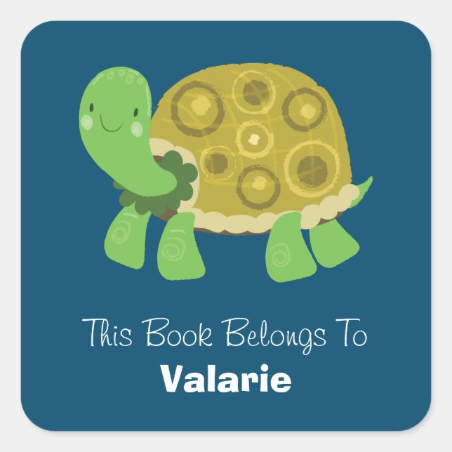 Cute Turtle Bookplate Custom Name Square Sticker (Front)