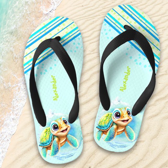Cute Turtle Boy Personalised Name Kid's Flip Flops (Creator Uploaded)