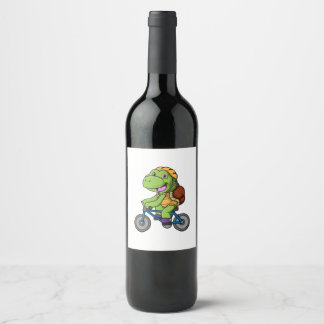 cute turtle cartoon riding bicycle wine label