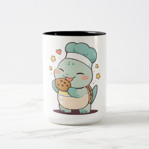 Cute Turtle Chef Eating Cookie Kawaii Design Two-Tone Coffee Mug