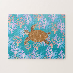 Cute turtle colourful coral fish sea Birthday kids Jigsaw Puzzle