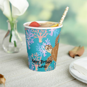 Cute turtle colourful coral fish sea Birthday kids Paper Cups
