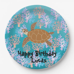 Cute turtle colourful coral fish sea Birthday kids Paper Plate