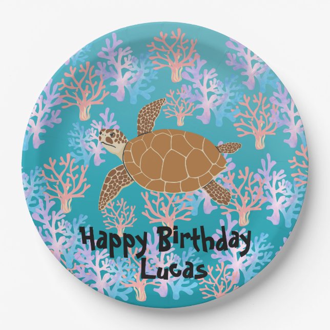 Cute turtle colourful coral fish sea Birthday kids Paper Plate (Front)