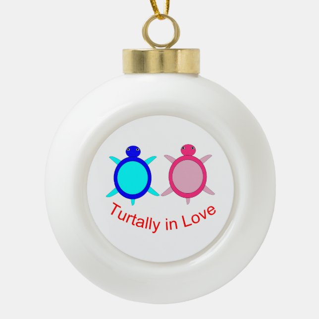 Cute Turtle Couple Ceramic Ball Christmas Ornament (Front)